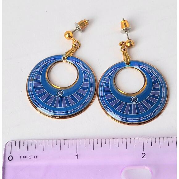 Laurel Burch Style Earrings Cloisonne Enamel Blue Pierced Boho Tribal Geometric - Picture 3 of 4